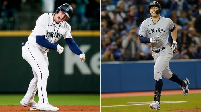 Jarred Kelenic juxtaposed with Giancarlo Stanton